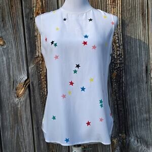 Equipment Lyle Top Size S Star Print Silk Top White Sleeveless Blouse Multicolor